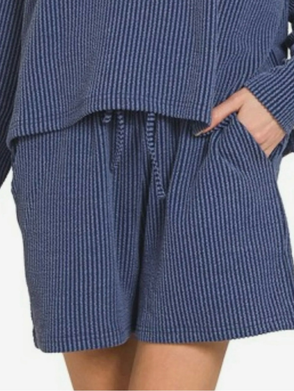 Zenana Outfitters Navy Ribbed Lounge Shorts Set - Picture 2 of 4